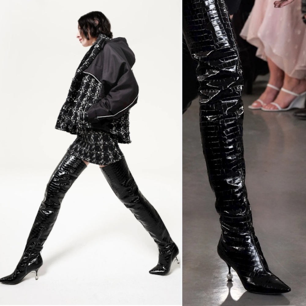 GIAMBATTISTA VALLI Black Patent Embossed Thigh High Leather Boots Pearl Low Heel